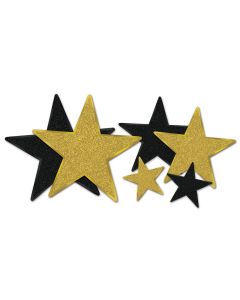 STARS -  GLITTERED CUTOUTS - BLACK & GOLD  6/PK