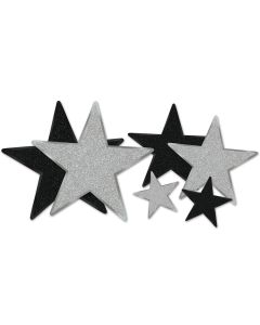 STARS -  GLITTERED CUTOUTS - BLACK & SILVER 6/PK